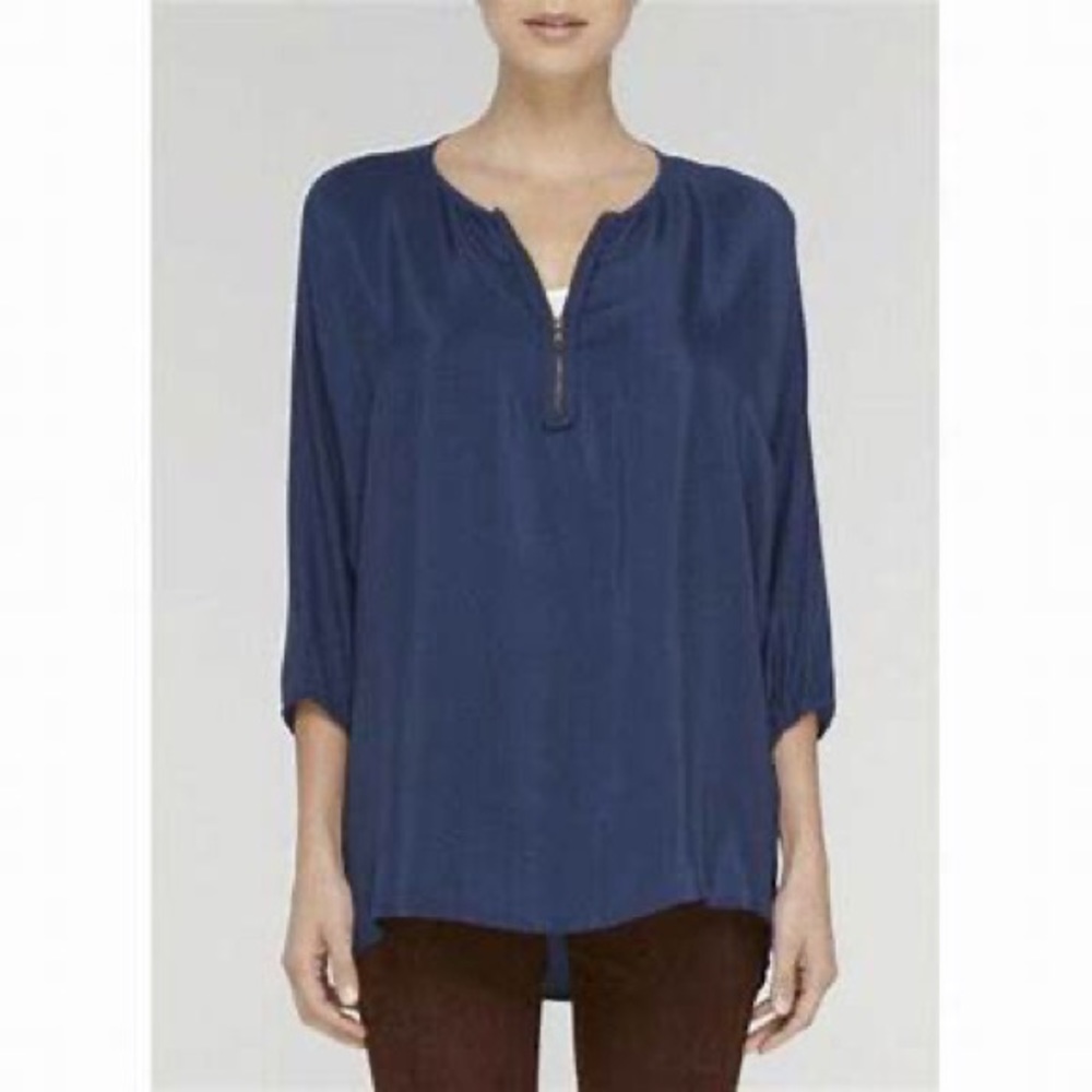 Vince zip front silk dolman sleeve blouse in rich deep marine blue